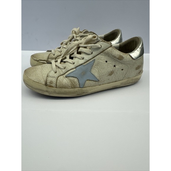 Golden Goose Superstar Sneakers White Leather Blue Star Distressed Low Top SZ 37 - Picture 8 of 16